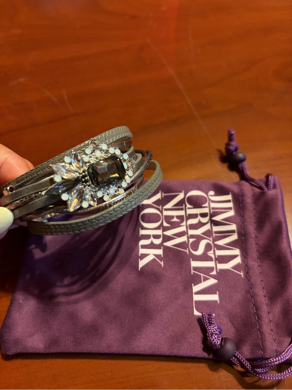 Jimmy Crystal New York Gray Leather Wrap Bracelet with Crystal Accent